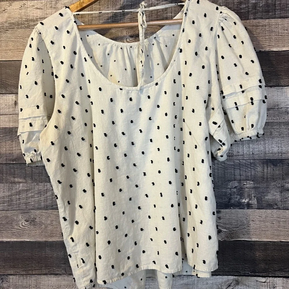 Madewell Tie-Back Puff-Sleeve Top in Clip‎ Dot XL Neutral Classic Minimalist